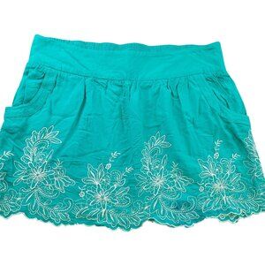 Charlotte Russe Women 14 Skirt Turquoise White Embroidered Scalloped Hem Pockets